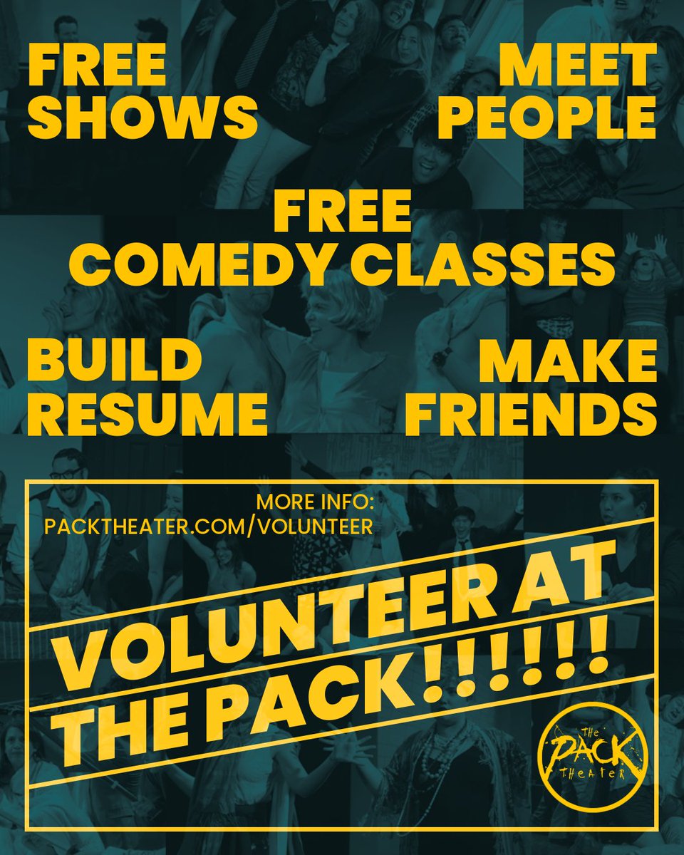 PackTheater's tweet photo. Want to take free comedy classes and make some new friends in the community? Volunteer opportunities are open and work with your schedule. Front of house, tech, and admin roles open now! Apply HERE: https://t.co/a2j3oN23ue https://t.co/mgqKVYDfh0