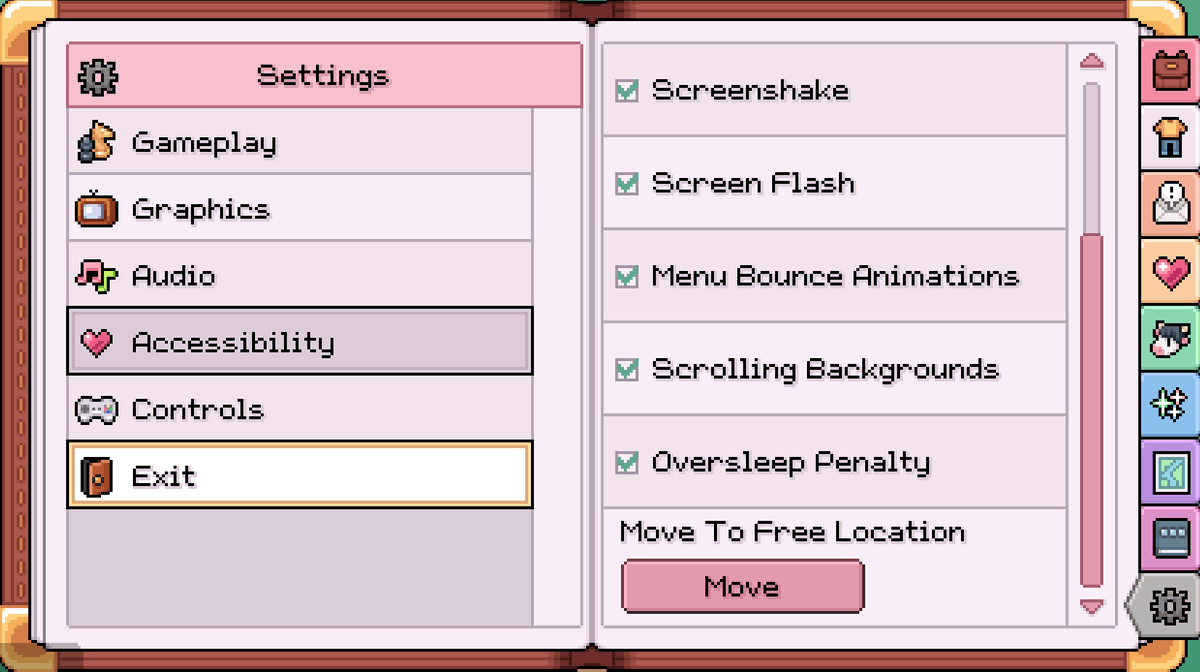 one_byte_cafe's tweet photo. a lot of players keep getting stuck on corners with Mistria's full release

if that happens, go to settings>accessibility>scroll down and click "move"

it'll unstuck you https://t.co/C1gs9aRPLq