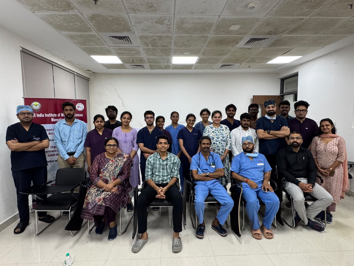 mangalAiimsAP's tweet photo. The Dept. of Anesthesiology, AIIMS Mangalagiri, successfully conducted the 7th AHA-accredited Basic & Advanced Cardiac Life Support (BLS & ACLS) courses from 6–8 August 2026.

Interns, postgraduates & faculty participated in hands-on training in CPR, AED & manual defibrillation, strengthening their skills and confidence to respond effectively during cardiac emergencies.

👏 Positive participant feedback reflected enhanced preparedness to provide lifesaving cardiopulmonary resuscitation when it matters most.
#AIIMSMangalagiri #BLS #ACLS #CPR #CardiacLifeSupport #PatientSafety
@MoHFW_INDIA @JPNadda @mpprataprao @AnupriyaSPatel  @American_Heart