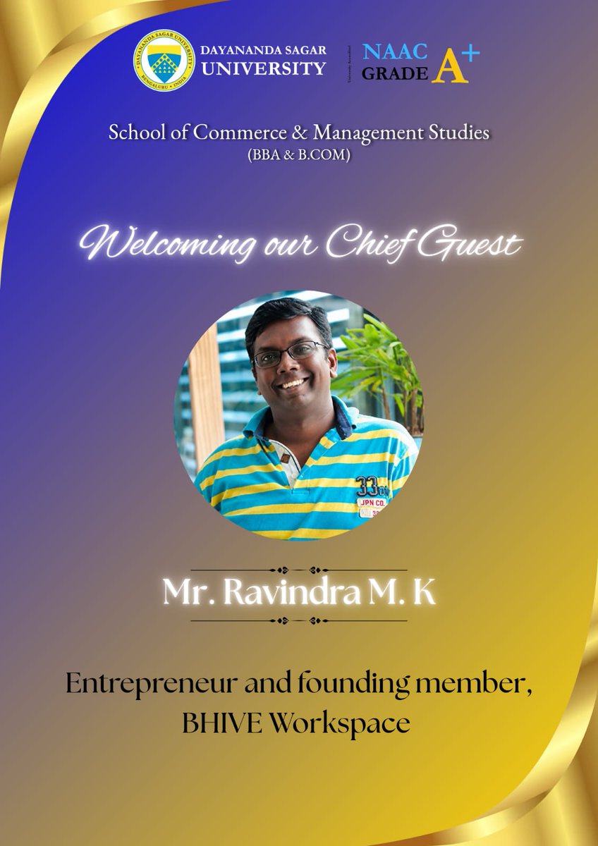 DSUBangalore's tweet photo. Orientation Programme 2026

SCMS-UG welcomed Mr. Ravindra M K, Entrepreneur and Founder Member, BHIVE Workspace, who inspired first-year BBA &amp; https://t.co/LSUGKLTo6p students to embrace entrepreneurship, innovation, leadership, and turn ideas into action.

#DSU #SCMS https://t.co/pvHNKBQBkB
