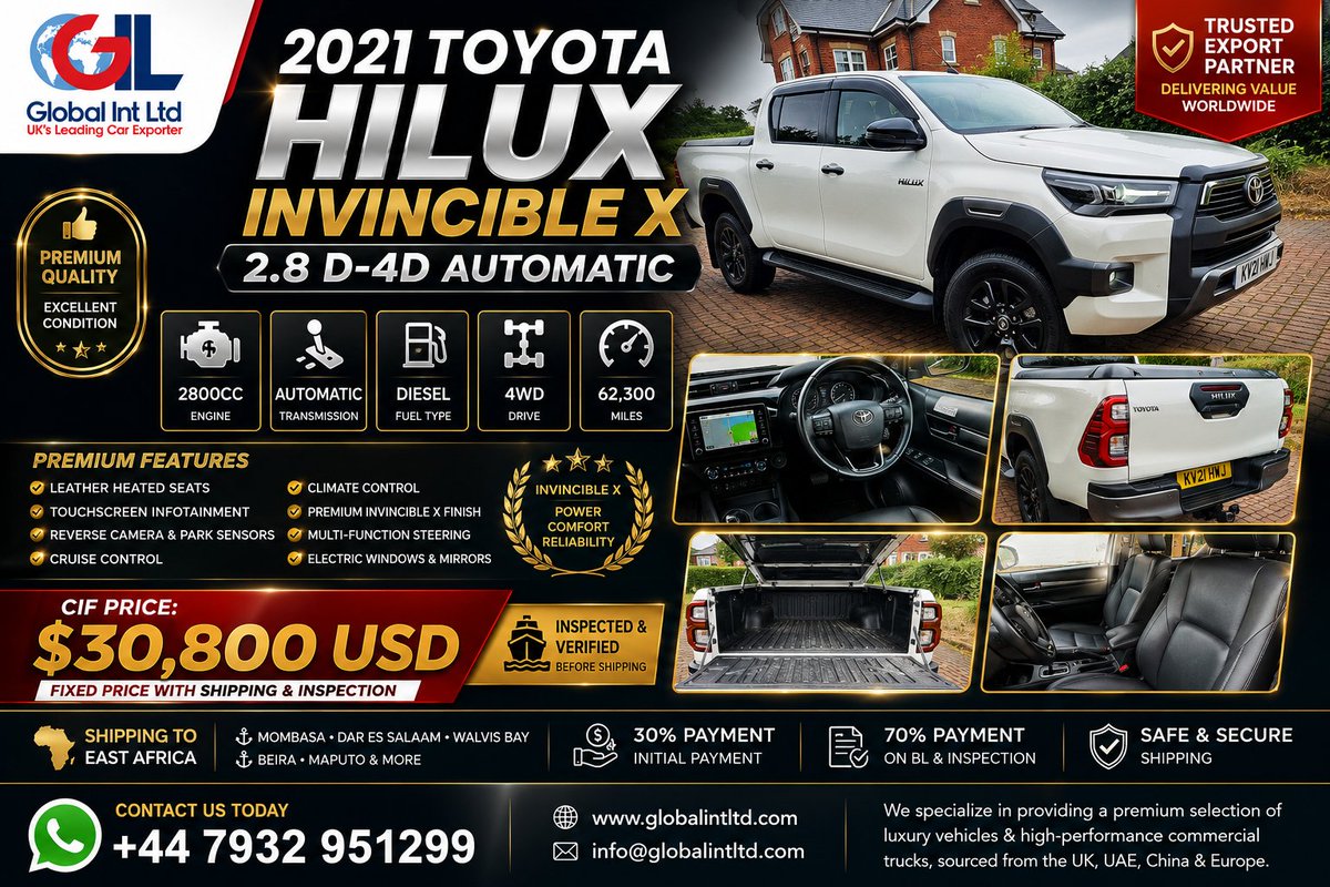 globalint0's tweet photo. 🚨 2021 Toyota Hilux Invincible X 
Auto Diesel | 4WD | 62,300 Miles🔥
East Africa Export 
#ToyotaHilux #HiluxInvincibleX #ToyotaHilux2021 #Hilux #4x4 #PickupTruck #CarExport #UKCars #AfricaCars #Kenya #Tanzania #Uganda #Zambia #DRC #Congo #Zimbabwe #Botswana #Mombasa #DarEsSalaam https://t.co/4kox3T2cEE