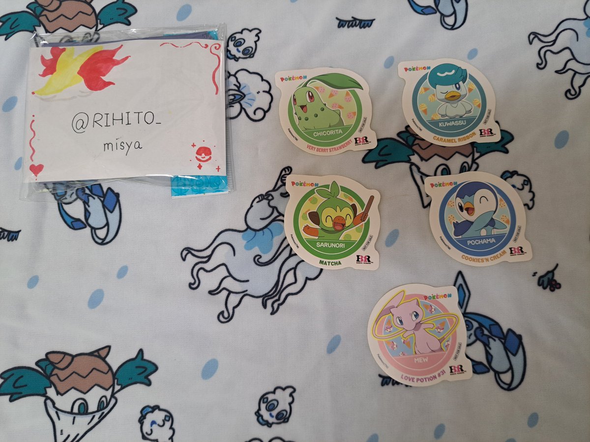 RIHITO_misya's tweet photo. [交換] 31 サーティワン ポケモン コラボ ステッカー

譲 チコリータ サルノリ クワッス ポッチャマ ☆ミュウ

求 フォッコ

☆ミュウは考え中、フォッコを複数枚出せる方がいれば交換検討します

郵送交換のみ。フォロー後、DMにて対応させていただきます。
お返事遅い場合ございますご了承ください。 https://t.co/Z3m867Y2Qe