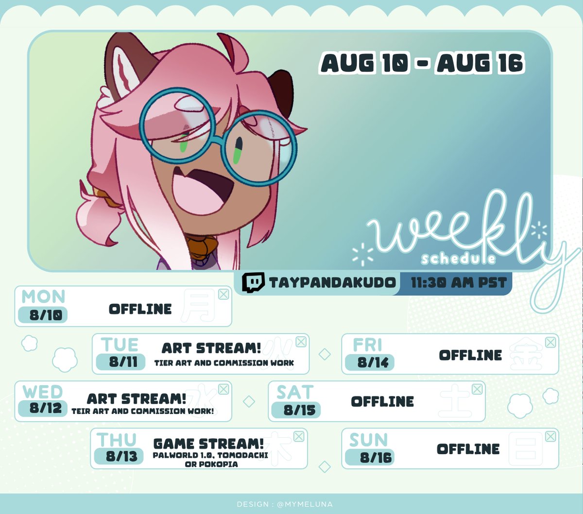 TayKudo's tweet photo. Stream Schedule~!

I chilled too much and forgot to post this u vu ;;

Same plan as last week~ Tier art, commission work and mystery game ~!

See yall on Tuesday~! https://t.co/s8y2liqjYx