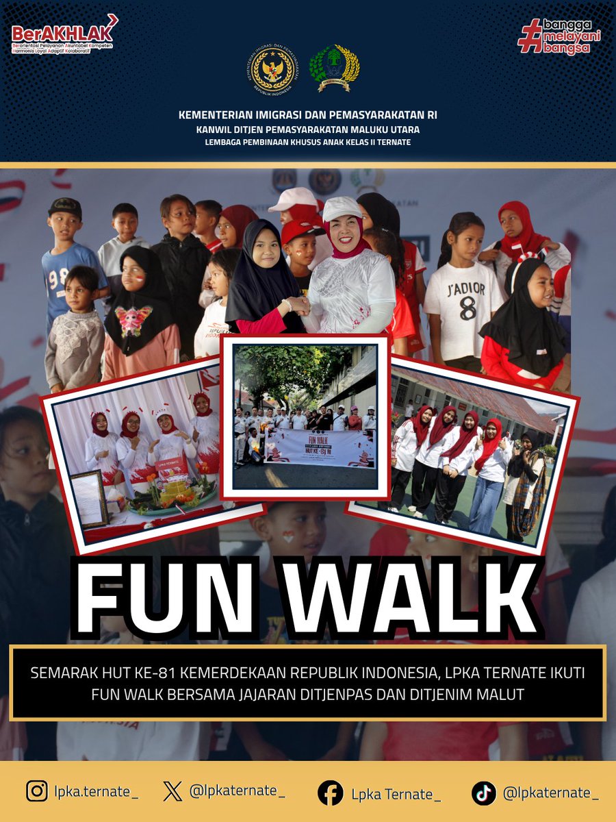 lpkaternate_'s tweet photo. SEMARAK HUT KE-81 KEMERDEKAAN REPUBLIK INDONESIA, LPKA TERNATE IKUTI FUN WALK BERSAMA JAJARAN DITJENPAS DAN DITJENIM MALUT

Baca Selengkapnya di:
https://t.co/bZIDb2cfvW https://t.co/0gTuZ8sRLM