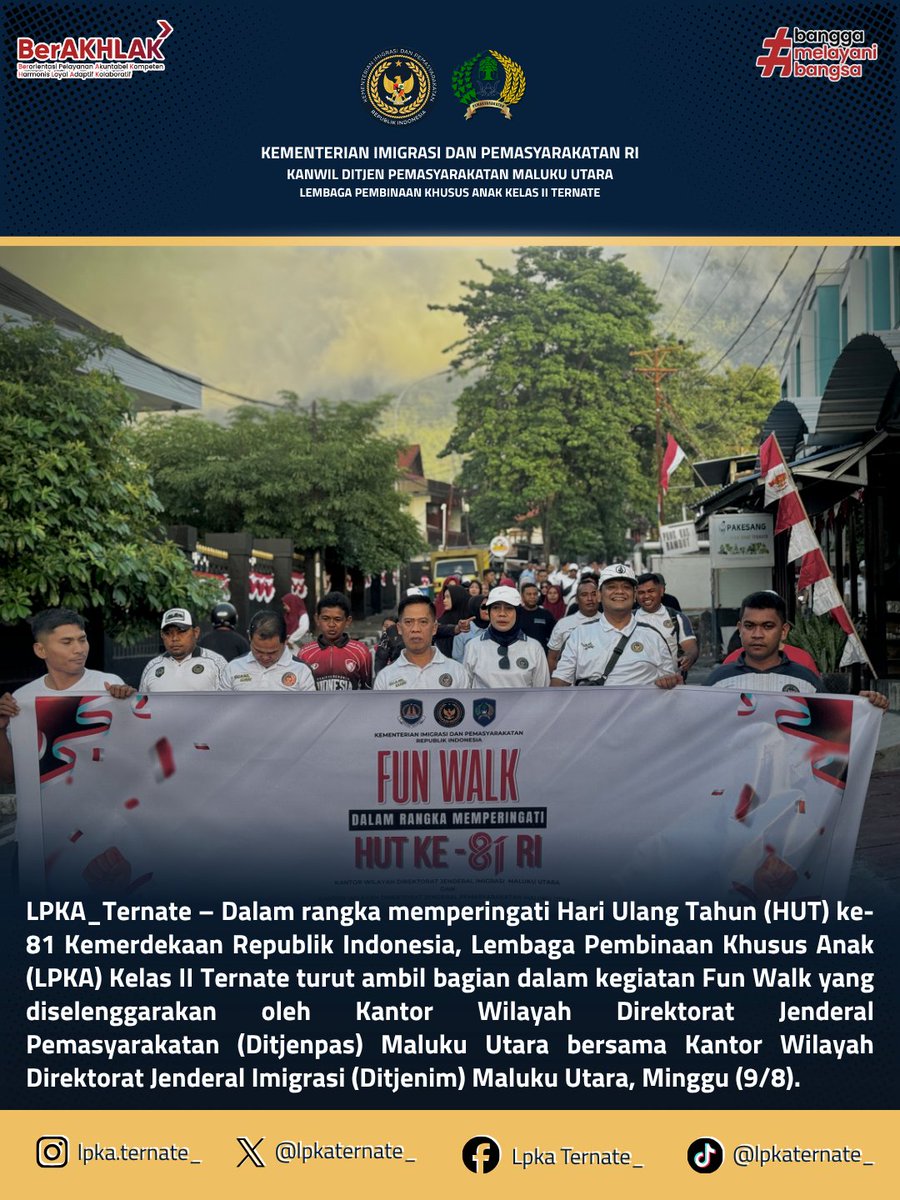 lpkaternate_'s tweet photo. SEMARAK HUT KE-81 KEMERDEKAAN REPUBLIK INDONESIA, LPKA TERNATE IKUTI FUN WALK BERSAMA JAJARAN DITJENPAS DAN DITJENIM MALUT

Baca Selengkapnya di:
https://t.co/bZIDb2cfvW https://t.co/0gTuZ8sRLM