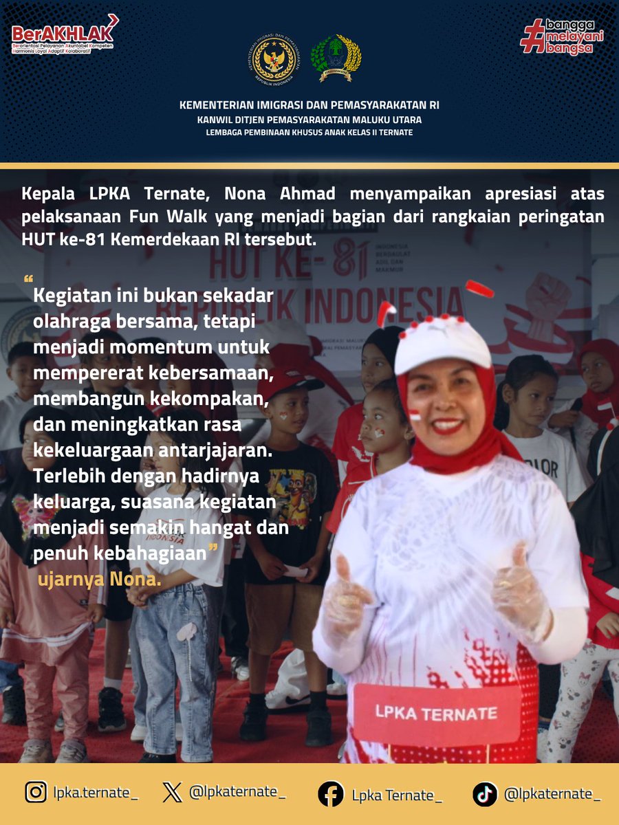 lpkaternate_'s tweet photo. SEMARAK HUT KE-81 KEMERDEKAAN REPUBLIK INDONESIA, LPKA TERNATE IKUTI FUN WALK BERSAMA JAJARAN DITJENPAS DAN DITJENIM MALUT

Baca Selengkapnya di:
https://t.co/bZIDb2cfvW https://t.co/0gTuZ8sRLM