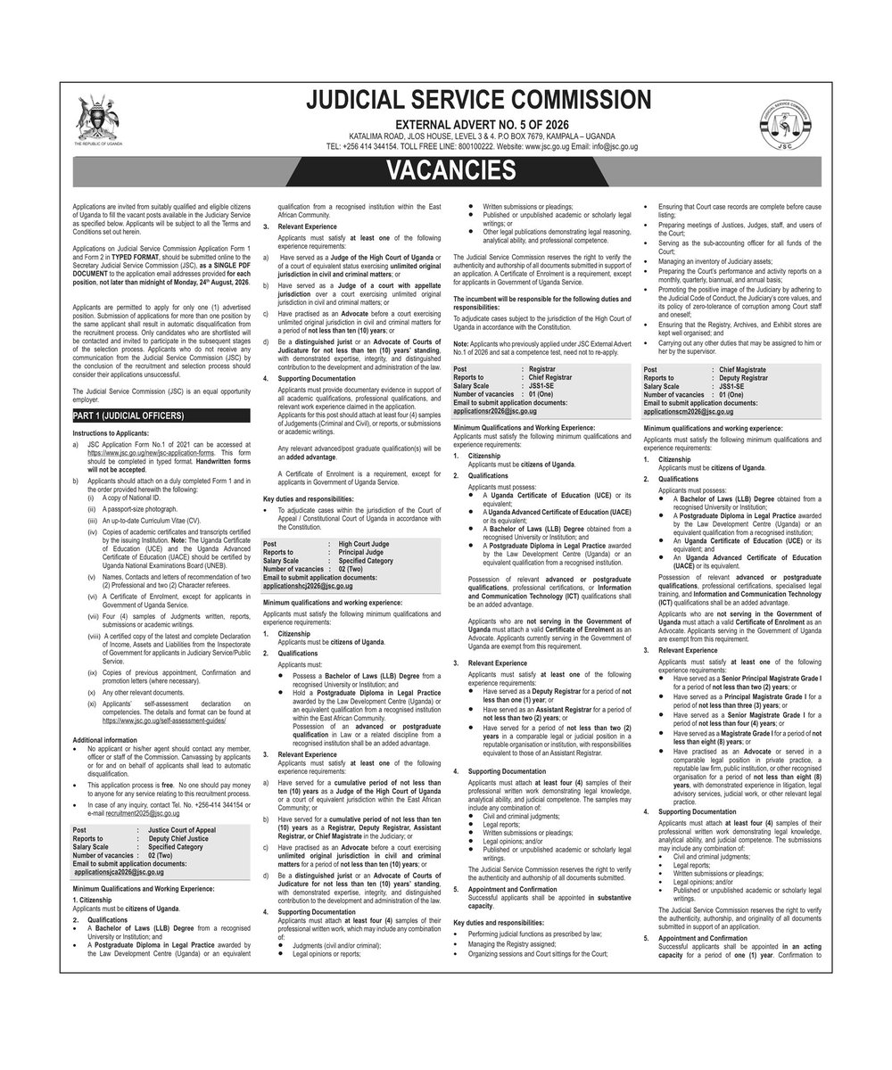 JSCUganda's tweet photo. Jobs 🚨

Applications are invited from suitably qualified and eligible citizens of Uganda to fill the vacant posts available in the Judiciary Service
as specified below. 

Please read Mandatory Instructions before submission. https://t.co/FrjR71j5Ke