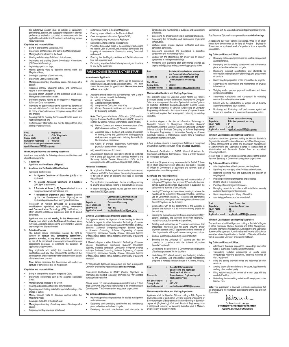 JSCUganda's tweet photo. Jobs 🚨

Applications are invited from suitably qualified and eligible citizens of Uganda to fill the vacant posts available in the Judiciary Service
as specified below. 

Please read Mandatory Instructions before submission. https://t.co/FrjR71j5Ke