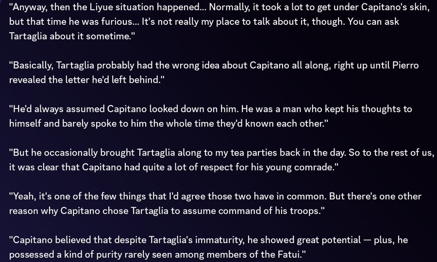 EliraEcwipse_'s tweet photo. ⚠️⚠️ GENSHIN SNEZHNAYA PRELOAD LEAKS ⚠️⚠️
-
-
-
-
Capitano being furious about Liyue, is it bc of Childe's actions or bc he brought himself danger?

"Had quite a lot of respect for his young comrade" "He showed great potential" MY HEART CAP PLS COME BACK &amp; SEE CHILDE AGAIN https://t.co/OVsoQmJSIy
