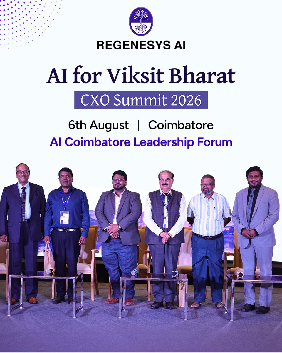 regenesys_ai's tweet photo. Coimbatore is emerging as a key hub for AI innovation beyond India’s metros.

At the AI for Viksit Bharat CXO Summit 2026, the AI Coimbatore Leadership Forum explored how AI can drive enterprise growth, healthcare innovation &amp; entrepreneurship.

#RegenesysAI #AIForViksitBharat https://t.co/j1KZvzueJb