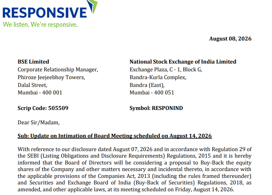 share_buyback's tweet photo. Responsive Industries Ltd : Company Board confirm board meeting on 14th August 2026 to consider buyback of shares and Q1 results.
CMP : INR 172
Mkt Cap : 4,584 cr
Follow us at telegram for more updates related to share buyback : https://t.co/i9wLIb5KlU
#RESPONIND #sharebuyback #buyback #nifty