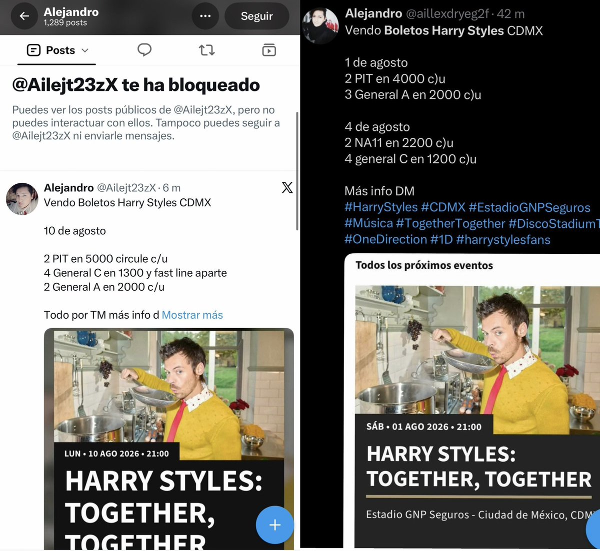 SiViaHarryEnMX's tweet photo. ESTAFA‼️

@Ailejt23zX (@aillexdryeg2f y @Hermostraskell ESTAFAN CON BOLETOS HARRY STYLES

ADJUNTO REDES Y SU FAMILIA QUE TAMBIÉN SON CÓMPLICE

NO TIENE BOLETO. NO HA COMIDO

#HarryStyles #CDMX #EstadioGNPSeguros #Música #TogetherTogether #DiscoStadiumTour #harrystylesfans https://t.co/5mdIXiAkCL