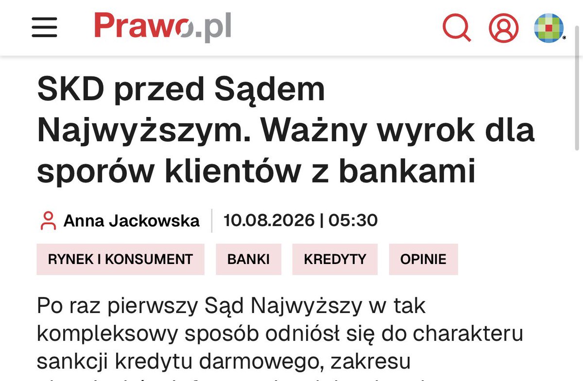 Wysmulek_Kar's tweet photo. Sąd Najwyższy zabrał głos w sprawie sankcji kredytu darmowego. Wyrok z dnia 08.07.2026 r.; sygn. II CSKP 89/26

I warto zwrócić uwagę na to, czego dotyczyły rozważania.

Odsetki od kredytowanych kosztów - czyli zakaz naliczania odsetek od prowizji, opłat czy innych kosztów kredytu, które zostały doliczone do kwoty finansowania. Bank nie powinien pobierać odsetek od pieniędzy, których faktycznie nie oddał konsumentowi do dyspozycji.

Harmonogram spłat - konsument powinien móc zobaczyć, jak w poszczególnych ratach rozkłada się spłata zobowiązania, w tym jaka część raty przypada na kapitał, odsetki czy finansowane koszty, np. prowizję. Chodzi o to, żeby struktura zobowiązania była dla niego rzeczywiście czytelna.

Tabela opłat i prowizji - jeżeli umowa odsyła do tabeli, zasady pobierania i zmiany opłat również muszą być przedstawione konsumentowi w sposób pozwalający mu zrozumieć koszt kredytu.

I jeszcze jedna rzecz: wystarczy jedno naruszenie obowiązku objętego sankcją, żeby mogła ona znaleźć zastosowanie.

A sama sankcja ma pełnić również funkcję prewencyjną - ma skłaniać kredytodawcę do prawidłowego wykonywania obowiązków wobec konsumenta.

Trudno więc sprowadzać te kwestie do „drobnych formalności”.

Skoro jeden błąd może uruchomić sankcję, to może właśnie po to, żeby bankowi bardziej opłacało się przygotować umowę prawidłowo niż później tłumaczyć, że to był tylko błąd?