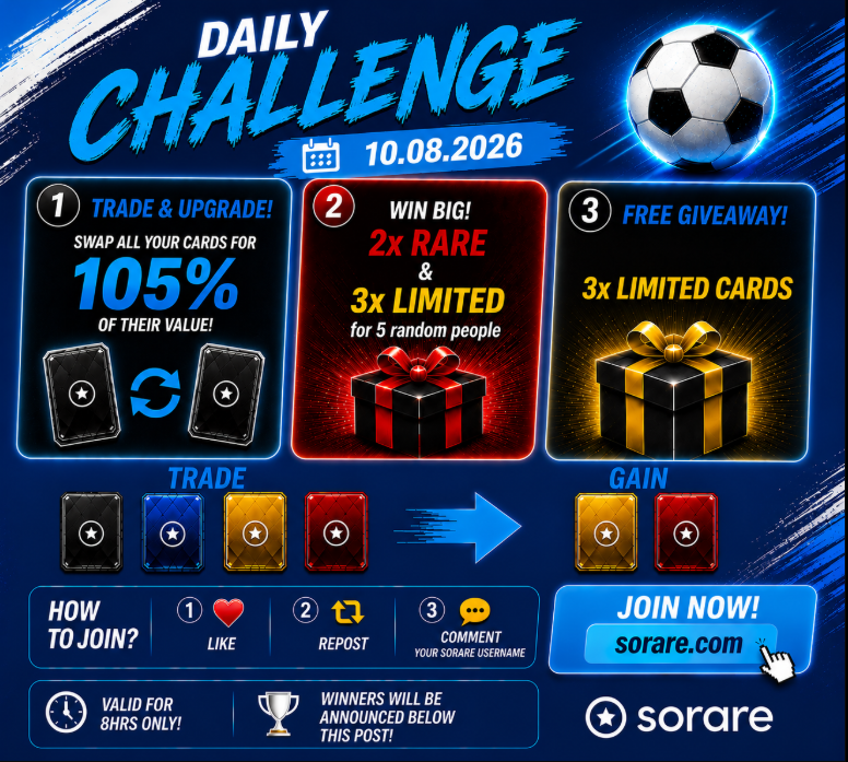 PawelTrader_'s tweet photo. 🚨 DAILY CHALLENGE IS LIVE! 🚨

🎁 105% Trade Upgrade
🏆 Win 2x RARE + 3x LIMITED card

🎉 Extra Giveaway – 3x LIMITED cards
✅ Like ♥️
✅ Repost 🔁
✅ Comment your Sorare username 🗨️

⏳ Only 24 HOURS!

🔥 Tag a friend who should join!
🍀 Good luck to everyone!

#Sorare #FantasyFootball #Football #NFT #Giveaway #Rare #Limited #FC #Soccer #TradingCards