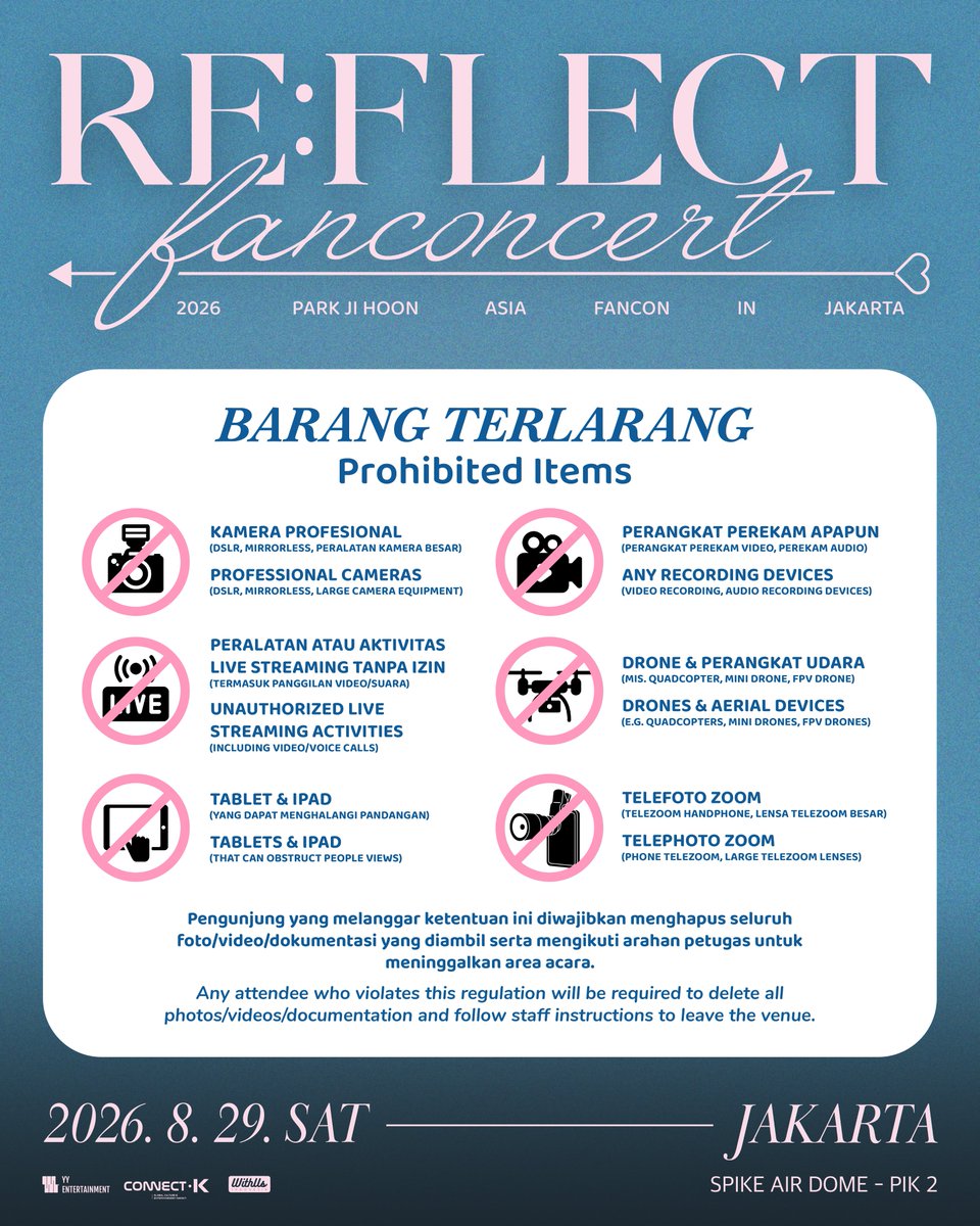 withusind's tweet photo. MAY, sebelum kita seru-seruan bareng PARK JI HOON, yuk baca dulu Ketentuan Acaranya! 💙

Kita semua pasti ingin menciptakan fancon yang aman, nyaman, dan penuh momen indah. Karena itu, jangan lupa untuk membaca seluruh Event Regulation sebelum datang ke venue.

Dengan mengikuti ketentuan yang berlaku, kita bisa menikmati 2026 PARK JI HOON ASIA FANCON [RE:FLECT] IN JAKARTA dengan lebih nyaman bersama-sama.

Terima kasih atas kerja samanya, MAY! Sampai jumpa di Jakarta! ✨

📍 Spike Air Dome, PIK 2
📅 29 Agustus 2026

#YYEntertainment #WithUsIndonesia
#REFLECTinJakarta
#PARKJIHOON
#PARKJIHOONFANCON