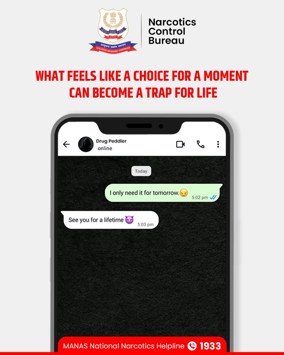 ncbmanas's tweet photo. Don’t let drugs decide your tomorrow. Choose a drug-free life.
#NCB #NarcoticsControlBureau #SayNoToDrugs #DrugFreeIndia #DrugAwareness https://t.co/4QGdgR45sM