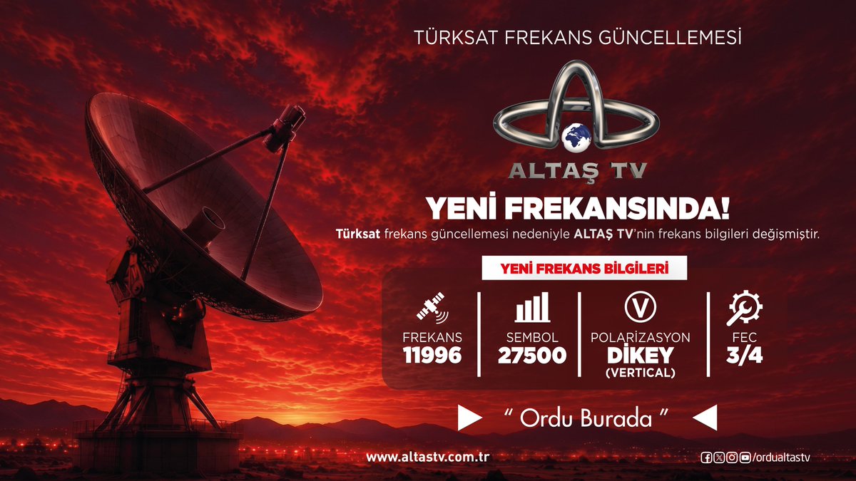 ordualtastv's tweet photo. Değerli İzleyicilerimizin Dikkatine: 

📡 Türksat Uydu Aktarımı Nedeniyle Yayınlarımızı Kesintisiz İzlemeye Devam Edebilmek İçin, 15 Ağustos Cumartesi İtibariyle Uydu Alıcınızı Yeni Frekans Bilgileriyle Güncellemeniz Gerekmektedir. 

▪️Türksat 4a 
▪️Frekans: 11996 Mhz 
▪️Polarizasyon: Dikey (V) 
▪️Sembol: 27500
▪️Fec: 3/4 

TKGS Kullanan Alıcılarda Herhangi Bir İşlem Yapılmasına Gerek Yoktur