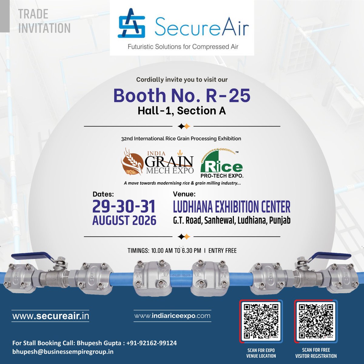 secureair_'s tweet photo. 🚀Meet SecureAir at India Grain &amp; Rice Pro-Tech Expo 2026!
We’re excited to invite you to India Grain &amp; Rice Pro-Tech Expo 2026, Rice Grain Processing Exhibition, in Ludhiana!
Discover SecureAir’s futuristic solutions for compressed air and explore how reliable. https://t.co/zNwlbRplpv