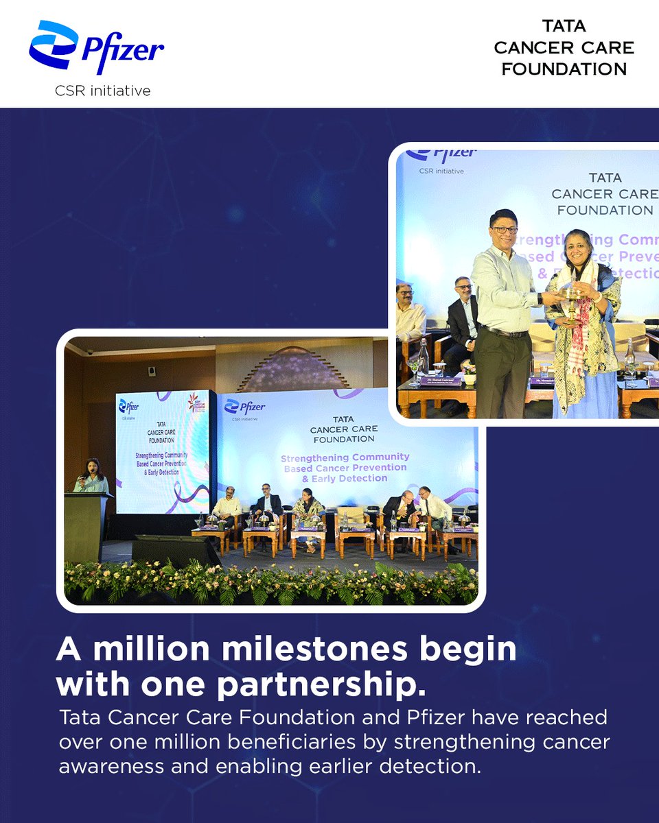 tatacancercare's tweet photo. Together with @pfizer , Tata Cancer Care Foundation has reached 1M+ beneficiaries across 5 states, strengthening cancer awareness, early detection and frontline care.
A milestone powered by partnership, collaboration and community action.
#TCCF #Pfizer https://t.co/EVutUWv8pQ