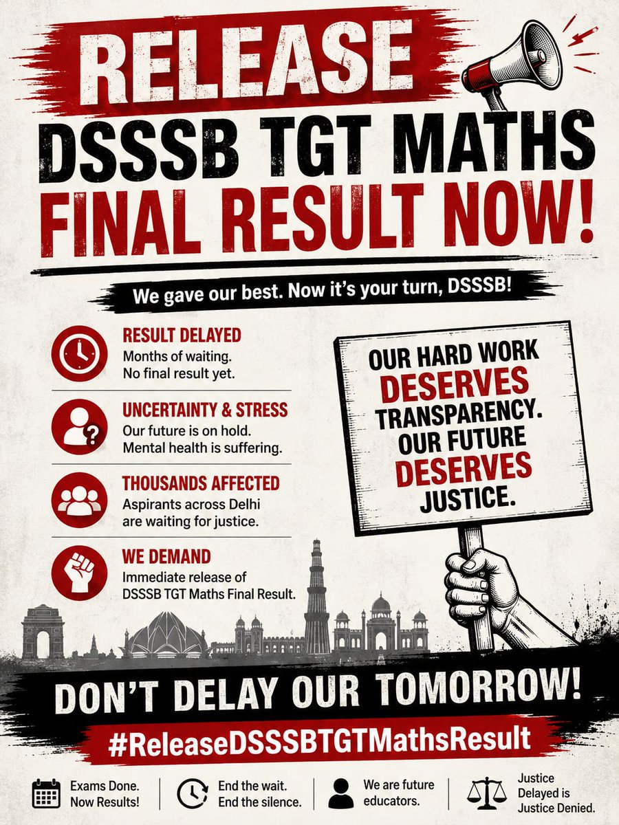 HiM_Classes's tweet photo. हजारों अभ्यर्थी TGT Maths (Post Code 803/24) के अंतिम परिणाम का लंबे समय से इंतजार कर रहे हैं। कृपया शीघ्र अंतिम परिणाम जारी कर भर्ती प्रक्रिया पूर्ण करने का कष्ट करें।

#TGT_Maths_FinalResult

@LtGovDelhi @gupta_rekha @dsssbofficial @Dir_Education https://t.co/LqVWX2Xvkf