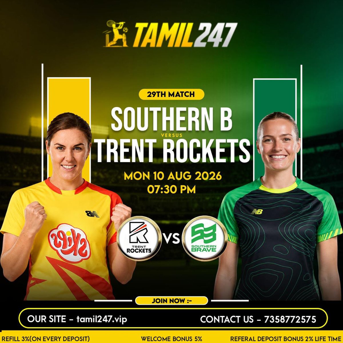 Tamil247vip's tweet photo. Contest For https://t.co/2ekYvT3Y7m Users Only.

Southern Brave W 🆚 Trent Rockets Womens 

➡️ Gues The Total Match Runs

🕗 Last Time 7:30pm

❌ Spam , double prediction any cheat will lead to directly disqualified.

Repost 🔄 , Tag 3 Freinds 

Prize - ₹1000/- https://t.co/wOuLdgz3Bt