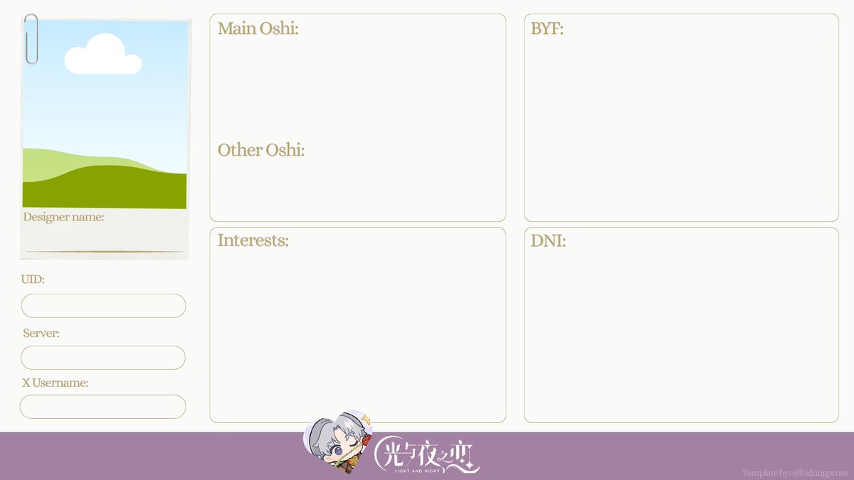 xiaoyilovebot's tweet photo. ㅤ
LNN/Light and Night FCV

Rules are stated, feel free to use as you like. Don't forget to copy to your own files. Don't edit to the template directly!

Link: https://t.co/STAW8HfMRW

#lnn #lnntwt
ㅤ https://t.co/1JMbTilnZ6