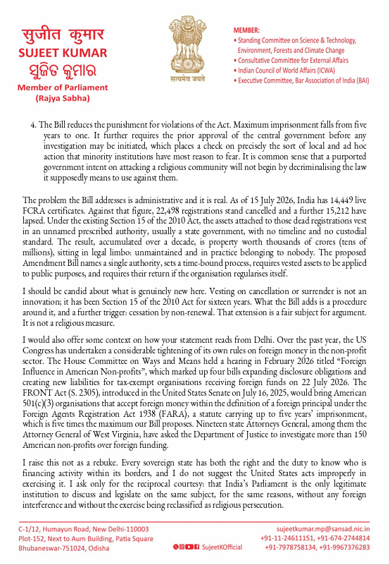 ANI's tweet photo. Rajya Sabha MP Sujeet Kumar writes to US Congressman Riley Moore over his public statements made on the proposed Foreign Contribution (Regulation) Amendment Bill 2026,

"... As a Member of Parliament (MP) from India, I deem it my duty to address the concerns and apprehensions that you have highlighted in your statements, which, in my view, are an exaggerated and misguided version of the proposed bill. This kind of misconceived statement by a sitting Congressman serves neither of our countries, least of all the Indian Christians in whose name you claim to have raised the concerns..." reads the letter