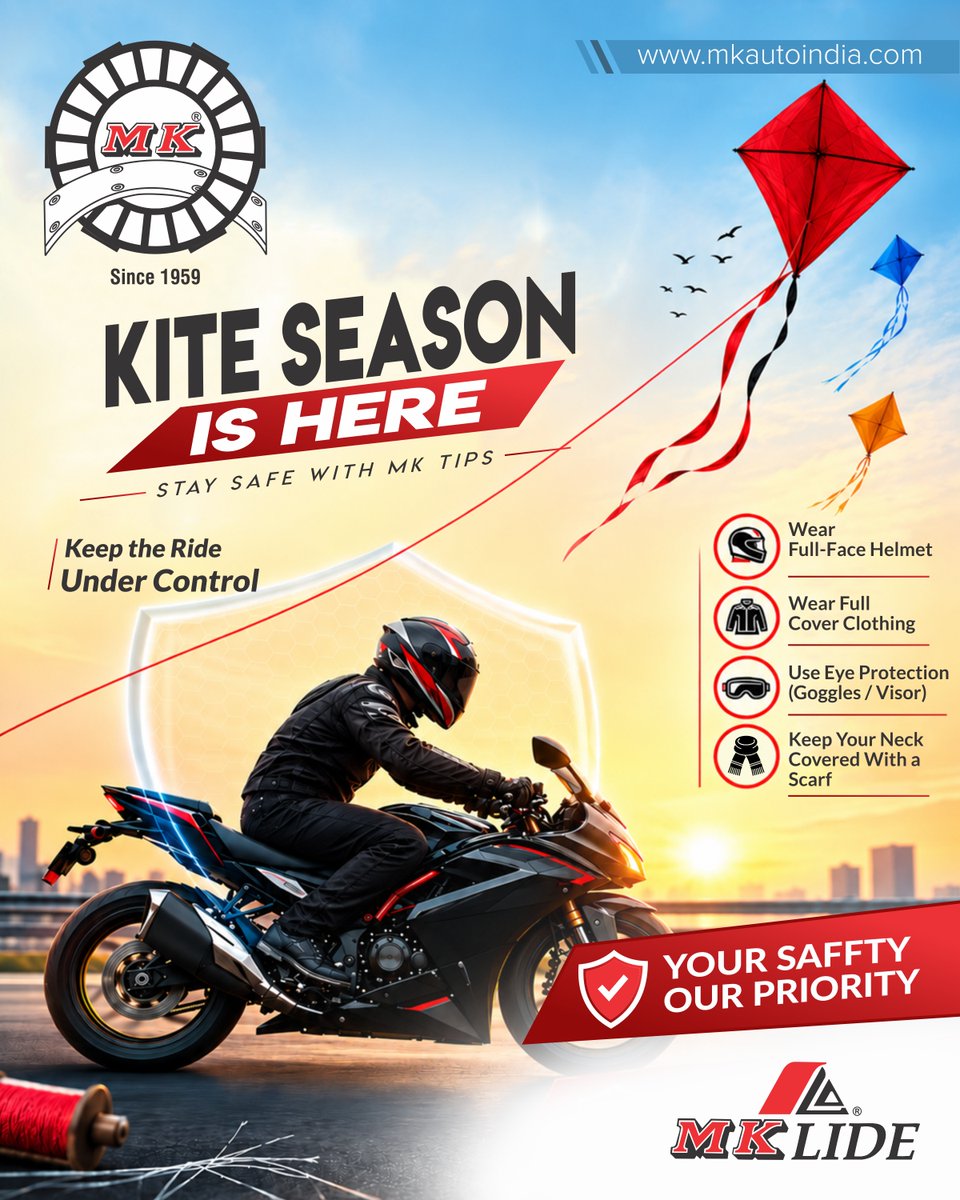 MKAutoIndia's tweet photo. 🪁 Kite Season is Here! Ride Safe, Stay Safe. 🏍️
A little care can make every ride safer. Wear your helmet, protect your eyes, cover your neck, and stay alert around kite strings.
Your safety is our priority. ❤️
#MKLIDE #MKGroup #kiteseason2026 #RideSafeAlways #StaySafe https://t.co/7UWj13H0fR