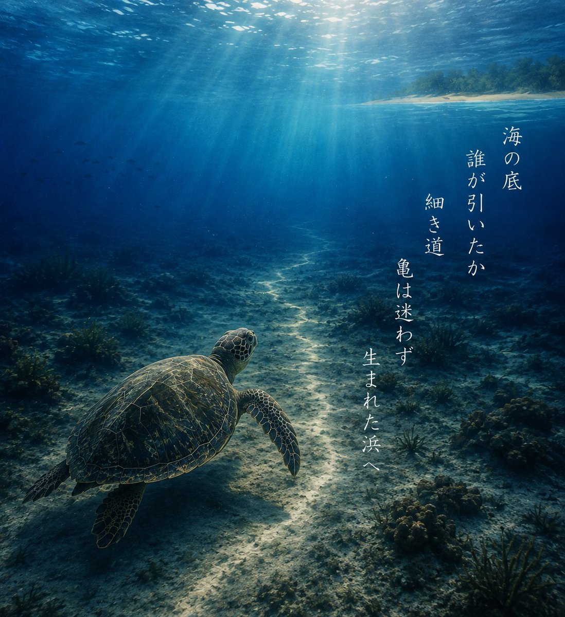 the77219's tweet photo. お題「道」

海の底
誰が引いたか
細き道
亀は迷わず
生まれた浜へ

🐢🌊

#短歌記念日
#道の日
#道をテーマに短歌を作ろう
#短歌 https://t.co/jBdcHI7haV