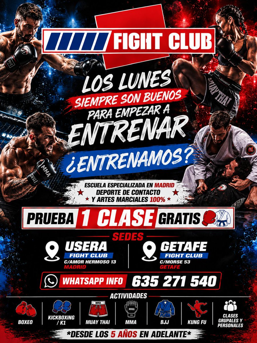 Getafefightclub's tweet photo. ¿QUIERES ENTRENAR CON NOSOTROS?

“Por que los lunes siempre serán un buen día para empezar a entrenar " Ven a conocernos, prueba 1 clase gratuita y si te gusta apúntate!!!

¿Que día prefieres tú?

#Usera #Getafe #Madrid #ComunidadDeMadrid #ArtesMarciales https://t.co/IZnKUlAV9R