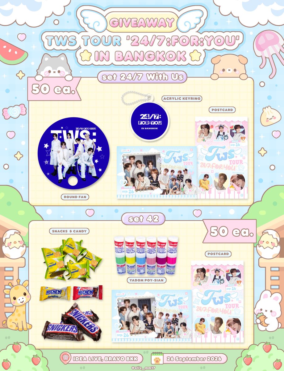 oliv__mm17's tweet photo. TWS TOUR '24/7: FOR: YOU' IN BANGKOK
ᢉ𐭩  ₊˚⊹♡ FOR 42 ♡⊹˚₊ ᢉ𐭩

🎁 Giveaway 24/7With Us  
Round Fan
Acrylic Keyring
Postcard

🎁 Giveaway 42 
POY-SIAN 
Snacks & Candy
Postcard

✨ 1 Set per Person  ✨
📍 Location: IDEA LIVE, BRAVO BKK 📅 Date: 26 September 2026 🕒 Time: TBA

🩵 A little gift, just for YOU. 
☁️ Made with love for 42✨💝
🤍🩵🫧 + ✨ + ☁️ + 🎁 + ♡ + ⋆𐙚₊˚ 🫧💙🤍

#247FORYOU_IN_BANGKOK
#ซาอีแจกของ