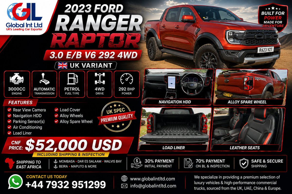 globalint0's tweet photo. 🔥 2023 Ford Ranger Raptor 3.0 V6 4WD 🔥
Automatic | Petrol | 3,000CC | UK Variant
📷 Rear Camera | Navigation | Parking Sensors | Load Liner | Alloy Wheels
💰 CNF PRICE: $52,000 USD

#FordRangerRaptor #Raptor #4x4 #CarExport #Kenya #Tanzania #Uganda #Zambia #DRC https://t.co/n4EZnFDQzx