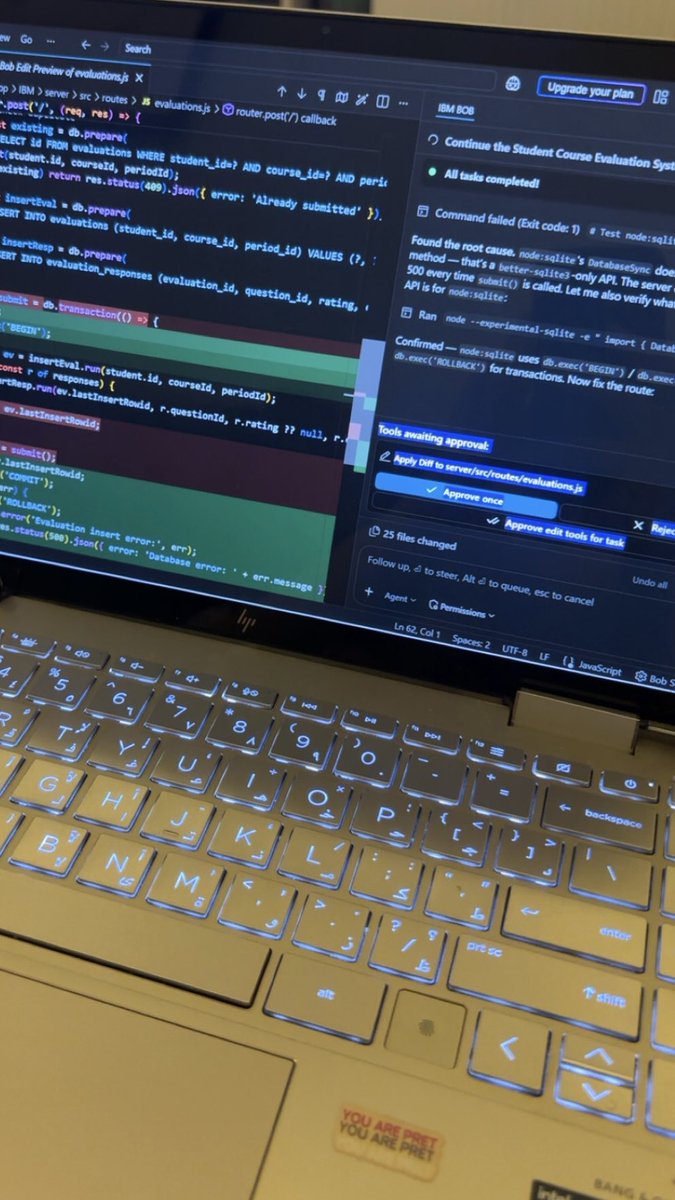 engwast's tweet photo. الحمدلله سلمت مشروع معسكر بناء الحلول باستخدام IBM Bob💪🏻
اخترت مسار هندسة البرمجيات طورت نظام لتقييم المقررات الجامعية للطلاب باستخدام React وNode.js/Express وSQLite، وشمل المشروع تطوير الواجهة الأمامية والخلفية، تصميم قاعدة البيانات، توثيق الAPI، الاختبار والتحقق من النتائج. https://t.co/d7drC4qlQI