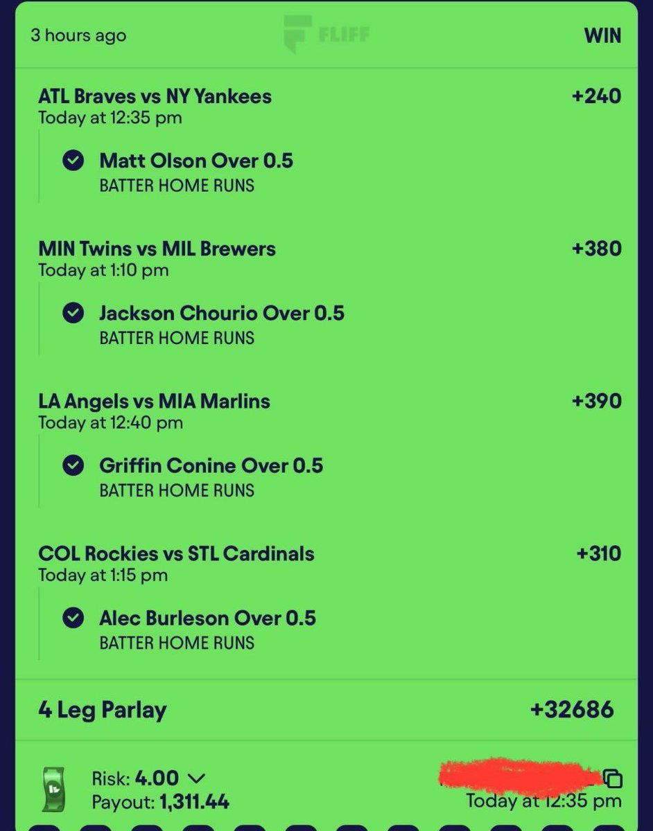 MBWHYTESBET's tweet photo. ๐ฅ 4-LEG PARLAY CASHED! ๐ฐโ
Started with just $4.00 and turned it into $1,311.44! ๐ฎโ๐จ๐ธ
+32686 ODDS ๐ค
Matt Olson HR โ
Jackson Chourio HR โ
Griffin Conine HR โ
Alec Burleson HR โ
Another one in the books! ๐๐ฅ
Link in my bio.
#MLB #MLBBets #MLBParlay #SportsBetting #BettingWins #Parlay #HomeRun #BaseballBets #WinningTicket #BettingTwitter