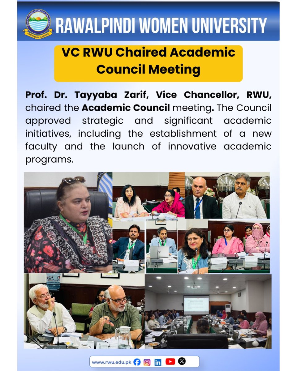 Official_RWU's tweet photo. Prof. Dr. Tayyaba Zarif, VC Rawalpindi Women University, chaired the Academic Council meeting. https://t.co/aV42p6HMMp