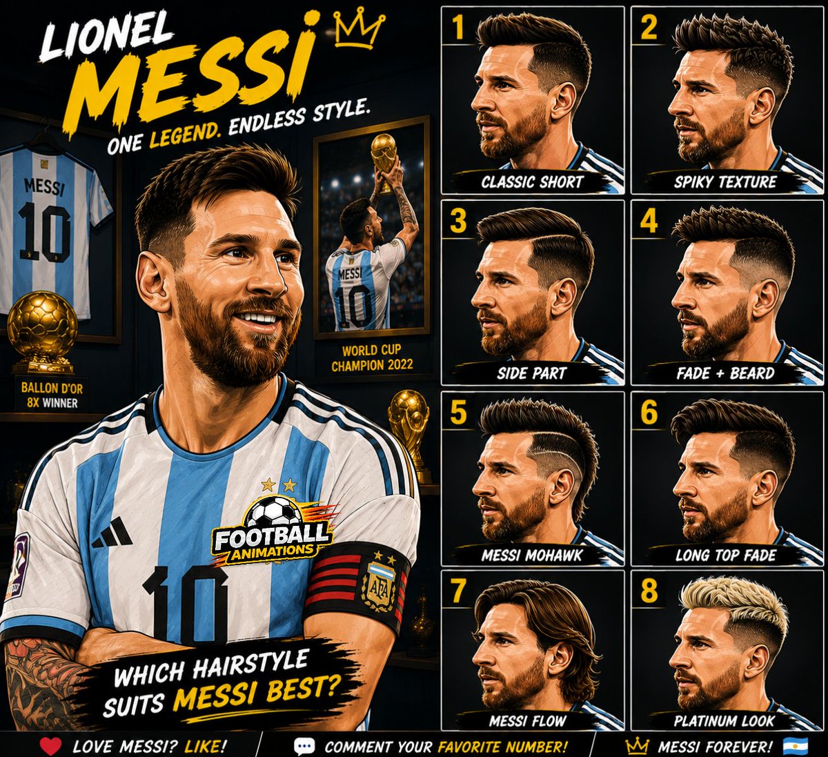 footballanima's tweet photo. πββοΈ Lionel Messi Haircut Challenge! β½π₯ | Pick Your Favorite Style 1οΈβ£β8οΈβ£
#LionelMessi #Messi #FootballAnimations #Football #Soccer #HaircutChallenge #MessiFans #FootballArt #Argentina #FootballFans https://t.co/T8USKiupE7