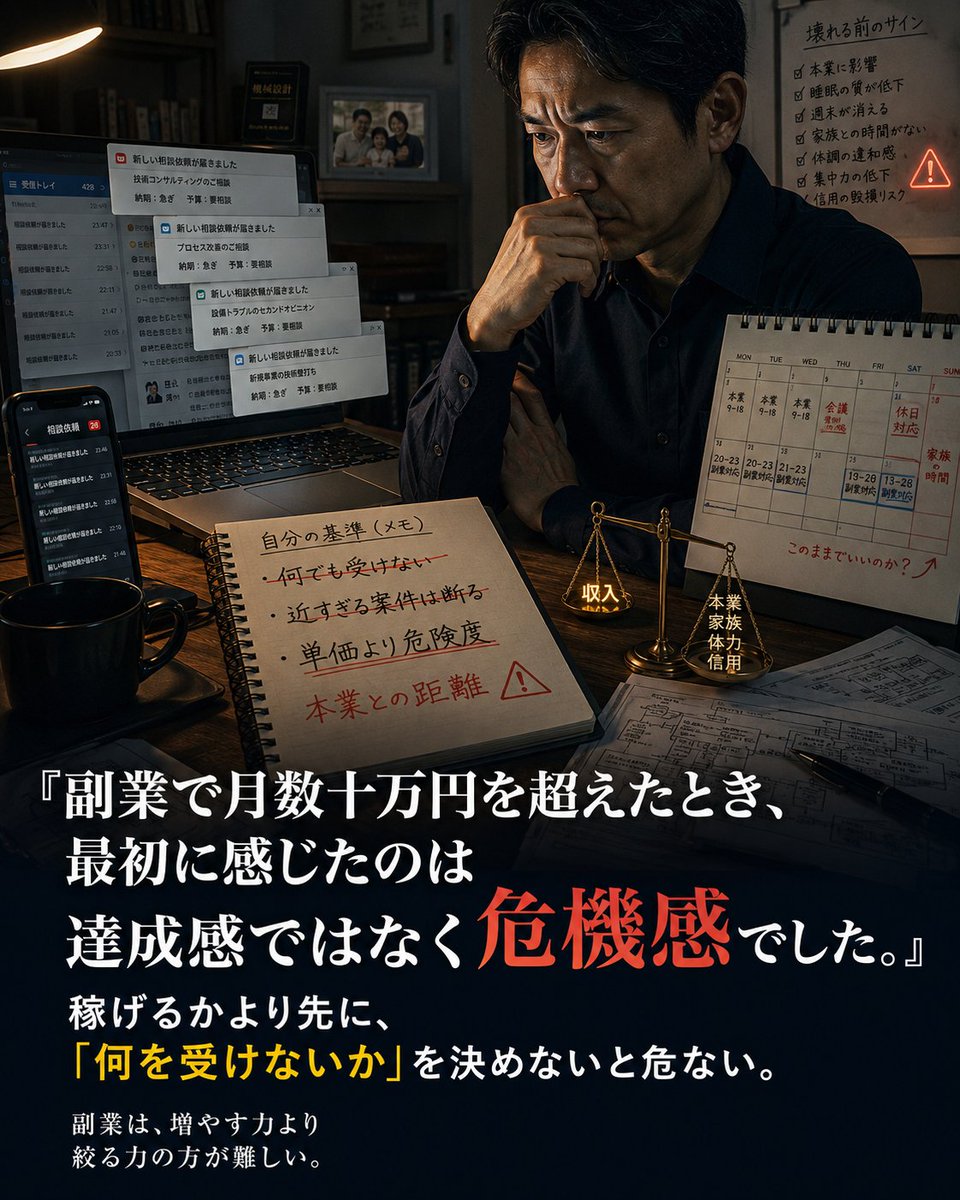 Mack_0915's tweet photo. 副業で月数十万円を超えたとき、最初に感じたのは達成感ではなく危機感でした。

このまま何でも受けたら危ない。

本業��影響する。
家族との時間が削れる。
体力が削れる。
案件との距離を間違えると信用を失う。

副業は、稼げば稼ぐほど自由になると思っていた。

でも実際には、

何を受けないか。
どこで断るか。
どの単価なら受けるか。
どのテーマは近すぎるか。

を決めないと、逆に追い込まれる。

副業で大事なのは、増やす力より絞る力。

これは実際にやってみてかなり強く感じています。
#理系副業
#月10万円