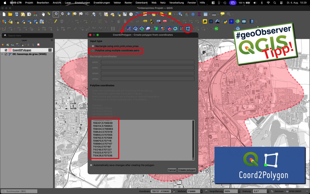 geoObserver_'s tweet photo. Neues / New QGIS-Plugin: „Coord2Polygon“ https://t.co/r6R2NdFa0B #qgis #plugin #switch2qgis #gistribe #gischat #fossgis #foss4g #OSGeo #spatial #geospatial #opensource #opendata #gis #geo #geoObserver pls RT https://t.co/5C9puvArGJ
