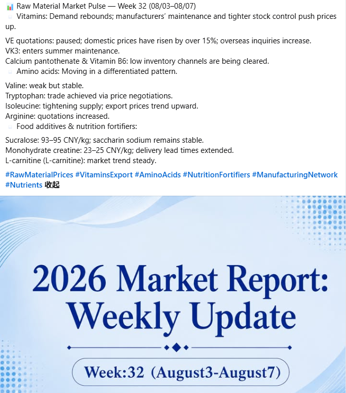 NutrientChina's tweet photo. 📊 Raw Material Market Pulse — Week 32 (08/03–08/07)

#RawMaterialPrices #VitaminsExport #AminoAcids #NutritionFortifiers #ManufacturingNetwork #Nutrients https://t.co/S75SNJ4dje