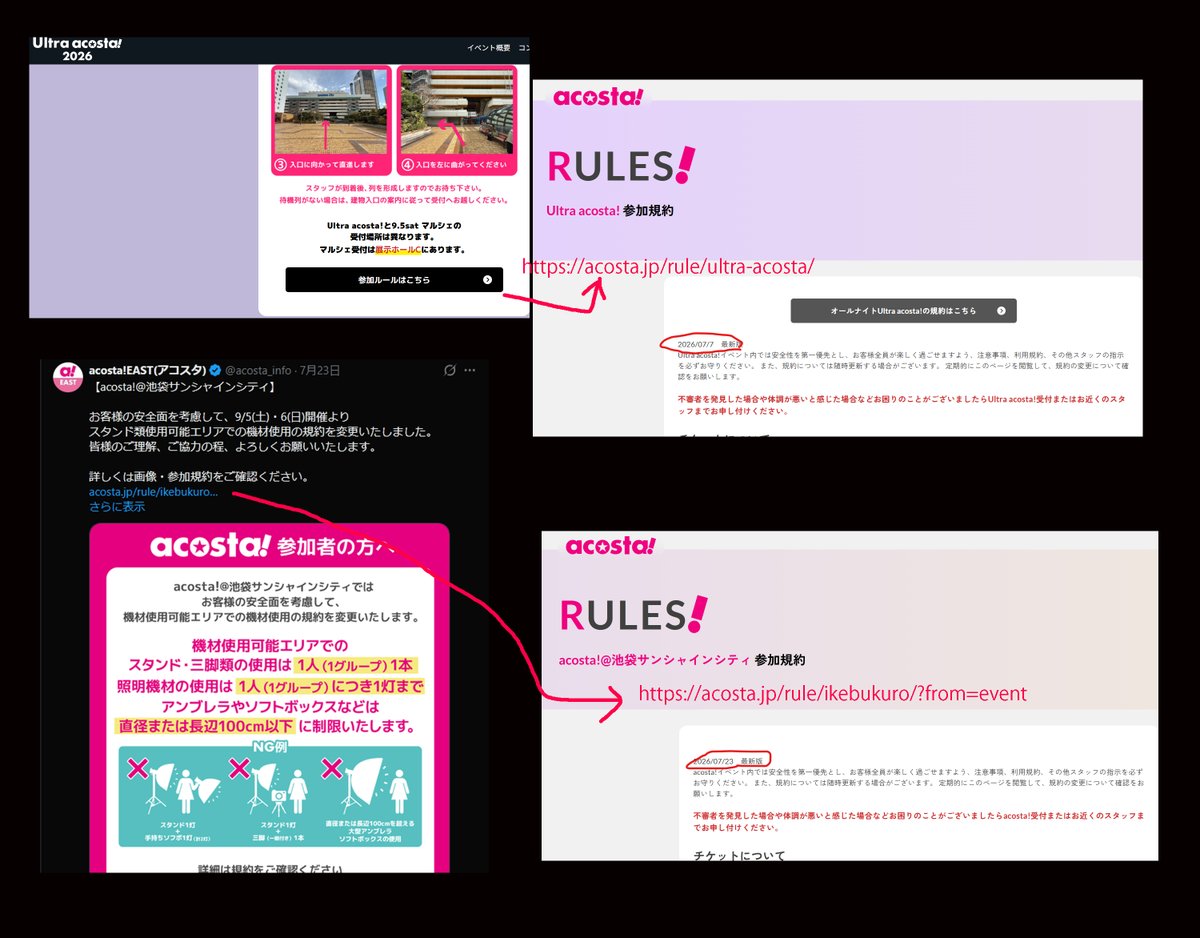 30klux's tweet photo. あら？公式Xのポストと公式ページの参加規約へのリンクが間違ってない？公式から行くと7/7版でXのリンクだと7/23版。なんか見方間違ってるかな？？

公式のウルアコのは、9/5以降は、1灯100cm以下っての無い7/7版に移行しちゃう画面遷移間違いだろうけど、公式に載ってないぞー！！って揉めないと良いけど。修正するなら１灯＋レフがNGなら１灯orレフどちらか１つって言うの���入れた方がいい気がする。

@acosta_info @Uacosta_JP #アコスタ池袋