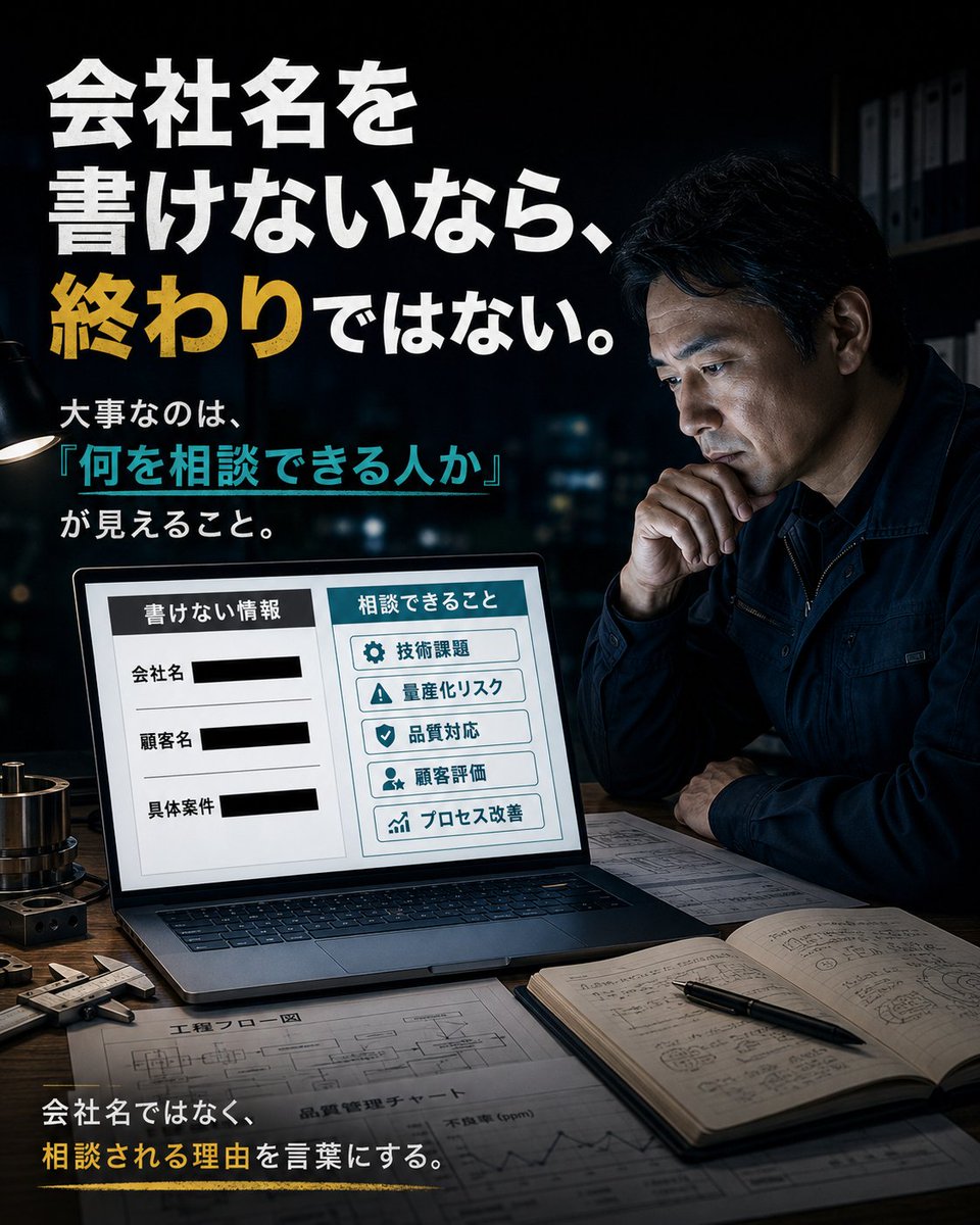 Mack_0915's tweet photo. 会社名を書けないなら、終わりではない。

むしろ大事なのは会社名ではなく、

何に詳しいか。
どんな課題を見てきたか。
誰の判断に役立つか。

会社名に頼らず、相談される理由を言葉にする。

ここが勝負です。

#技術職のキャリア https://t.co/rCrBe6O3lT