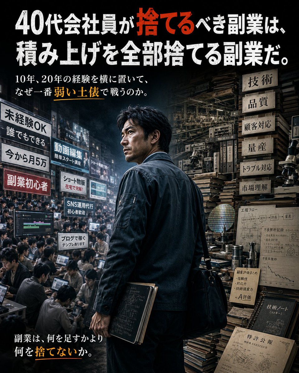 Mack_0915's tweet photo. 40代会社員が捨てるべき副業は、

「自分の積み上げを全部捨てて、ゼロから消耗する副業」

だと思う。

もちろん、動画編集もブログもSNS運用も否定しない。

でも、本業で10年、20年積み上げてきた人が、わざわざ一番弱い土俵で戦う必要はあるのか。

技術。
品質。
顧客対応。
量産。
トラブル対応。
市場理解。

ここに向き合ってきた人なら、まずはその経験を外から見える形にする方が先だと思う。

副業は、何かを足す前に、何を捨てるか。

40代はここを間違えると、時間も体力も削られる。

#理系副業