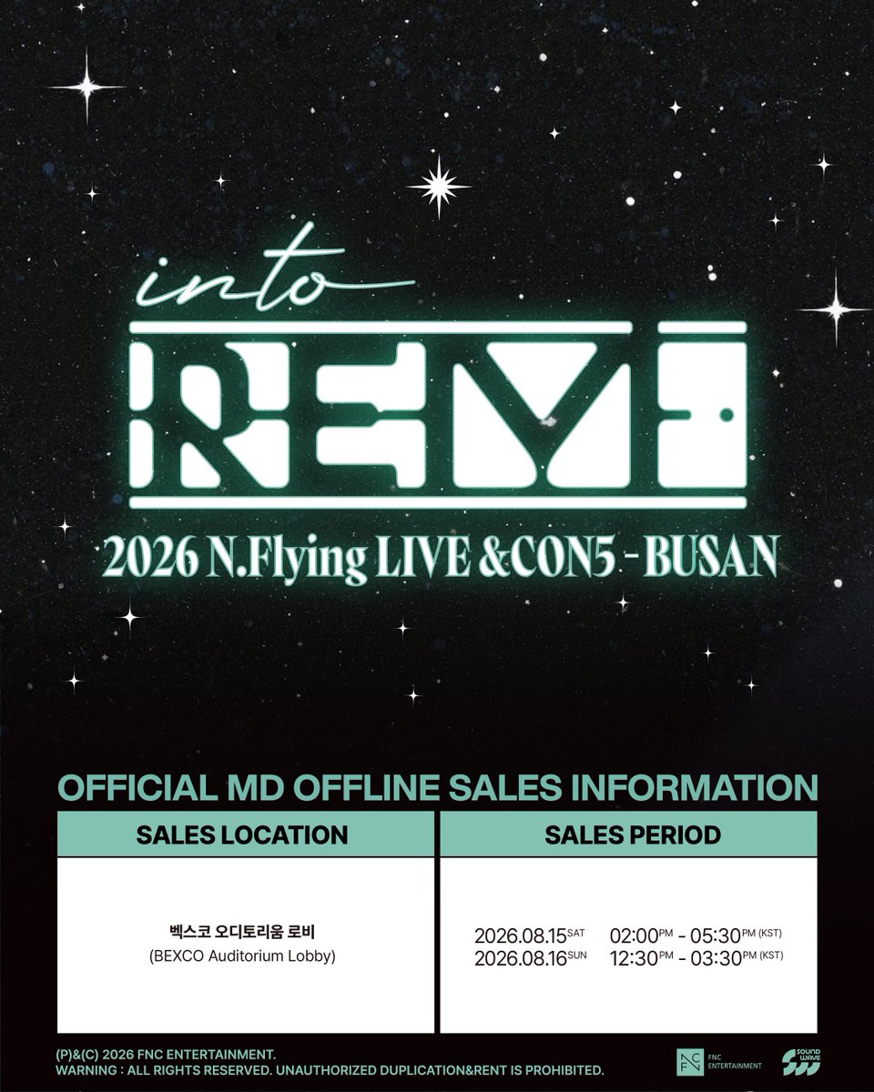 NFlyingofficial's tweet photo. 2026 N.Flying LIVE ‘&amp;CON5 : into REM’ – 부산
OFFICIAL MD 현장 판매 안내

🌕자세한 사항은 이미지를 확인해주세요.

#NFlying #엔플라잉 #엔콘 #into_REM https://t.co/caY8efWGlx