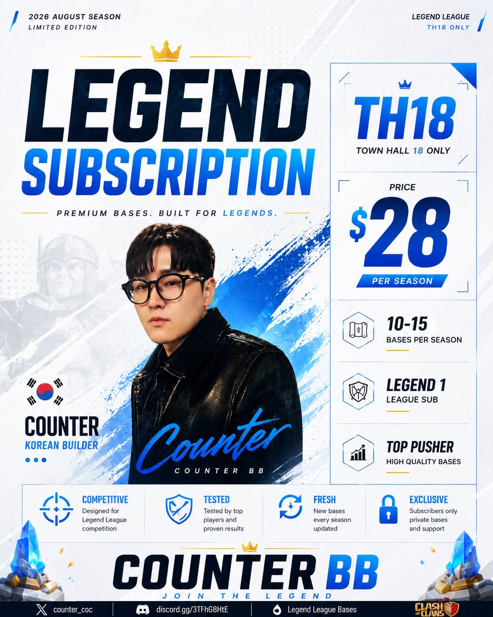 counter_coc's tweet photo. New season legend subscription!!⛱️
Please open the tickets starting today.
The price has been increased to $28.
⬇️ Order now!✨
https://t.co/Wdiew9t8JM
#clashofclans #legendleague
#llbase #basebuilding https://t.co/vUHlaWKmR3