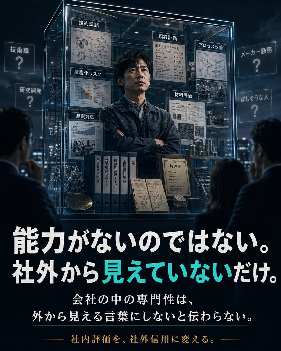 Mack_0915's tweet photo. この1週間で伝えたかったこと。

40代会社員の問題は、能力がないことではない。

会社の外から見えないことです。

社内では評価されている。
実績もある。
経験もある。

でも、外から見ると何を相談できる人か分からない。

この状態では、転職でも副業でも指名されにくい。

だから必要なのは、資格を増やすことでも、いきなり案件を探すことでもない。

まずは、

自分は何で指名される人か。
どんな経験が判断材料になるか。
何を話せて、何を話さないか。
どこに自分の強みがあるか。

を言葉にすること���

副業は、ゼロから初心者になる道だけではない。

会社に閉じた専門性を、社外から見える信用に変える。

ここから始めるべきだと思う。

#技術職のキャリア
#専門性の活かし方