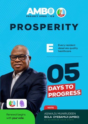 DprinceofDland's tweet photo. 05 DAYS TO PROGRESS! 

Every resident deserves quality healthcare.  
Every resident deserves PROSPERITY.

Renewal begins with your vote.  
Vote ASIWAJU MUNIRUDEEN BOLA OYEBAMIJ [AMBO]  
Vote APC ☑️

#ProjectAmbo 
#AmboForProsperity
 #5DaysToGo
 #VoteAPC https://t.co/rBICizAmRS