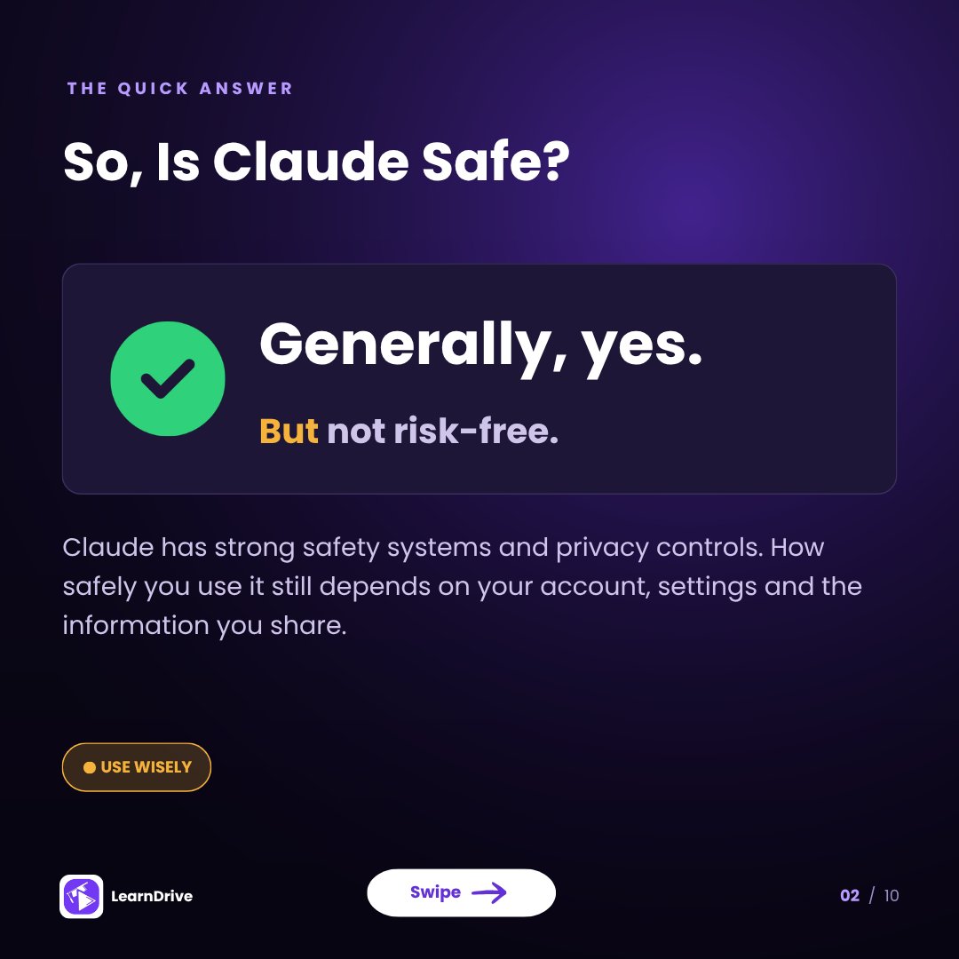 Learndrive_org's tweet photo. Is Claude AI actually safe to use in 2026?
From model-training settings and Incognito chats to business data and AI agent permissions, there are several things every Claude user should understand.
#ClaudeAI #AISafety #DataPrivacy #ArtificialIntelligence #CyberSecurity https://t.co/KGQYRAHlOl