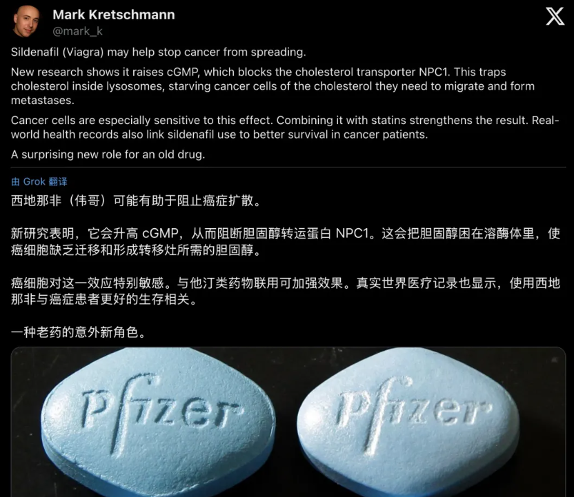 tun2049's tweet photo. 伟哥可能要改写抗癌史了。

《Cancer Research》最新研究：西地那非能升高 cGMP，直接锁定溶酶体上的 NPC1 蛋白，切断癌细胞转移所需的胆固醇供应。

肿瘤还在，但跑不动了。 配合他汀类药物使用，死亡风险暴降 32%。老药新用的美感全在这里了。 https://t.co/eDZsnPsY4i