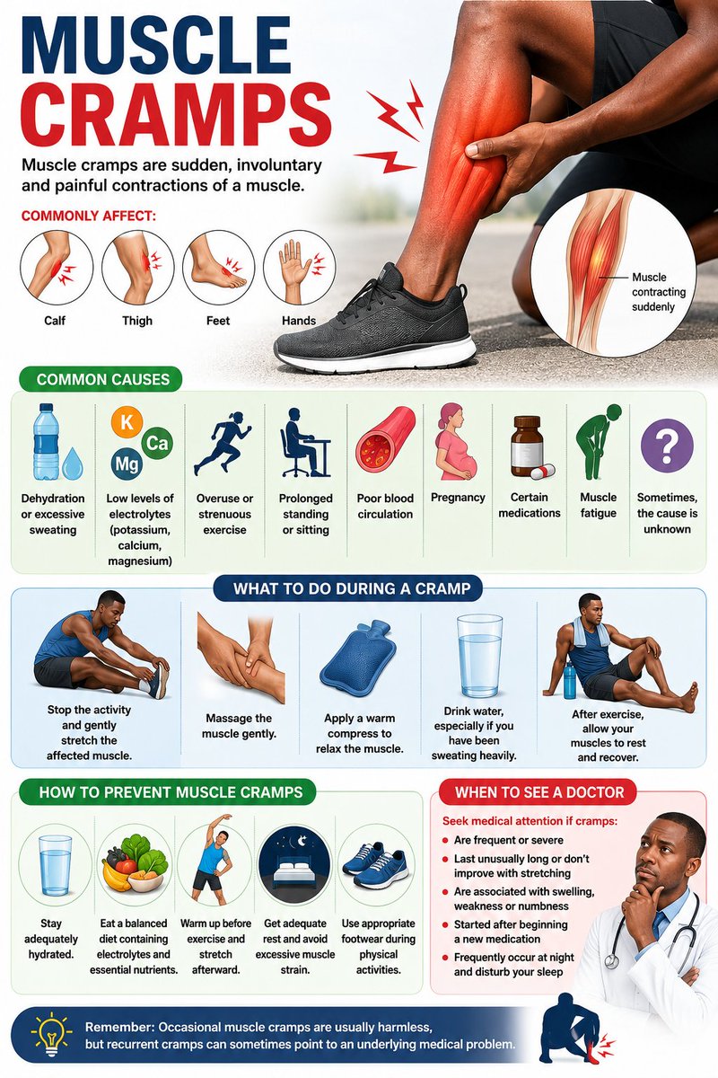 MessiahofMLS's tweet photo. 💪 Muscle Cramps

Muscle cramps are sudden, involuntary and painful contractions of a muscle. They commonly affect the calf, thigh, feet and hands and may last from a few seconds to several minutes.

🔹 Common Causes

Dehydration or excessive sweating

Low levels of electrolytes such as potassium, calcium or magnesium

Overuse or strenuous exercise

Prolonged standing or sitting

Poor blood circulation

Pregnancy

Certain medications

Muscle fatigue

Sometimes, the cause is unknown

🔹 What to Do During a Cramp

✅ Stop the activity and gently stretch the affected muscle.
✅ Massage the muscle gently.
✅ Apply a warm compress to relax the muscle.
✅ Drink water, especially if you have been sweating heavily.
✅ After exercise, allow your muscles to rest and recover.

🔹 How to Prevent Muscle Cramps

💧 Stay adequately hydrated.
🥗 Eat a balanced diet containing electrolytes and essential nutrients.
🏃 Warm up before exercise and stretch afterward.
🛌 Get adequate rest and avoid excessive muscle strain.
👟 Use appropriate footwear during physical activities.

⚠️ When to See a Doctor

Seek medical attention if cramps:

Are frequent or severe

Last unusually long or don't improve with stretching

Are associated with swelling, weakness or numbness

Started after beginning a new medication

Frequently occur at night and disturb your sleep

Remember: Occasional muscle cramps are usually harmless, but recurrent cramps can sometimes point to an underlying medical problem.