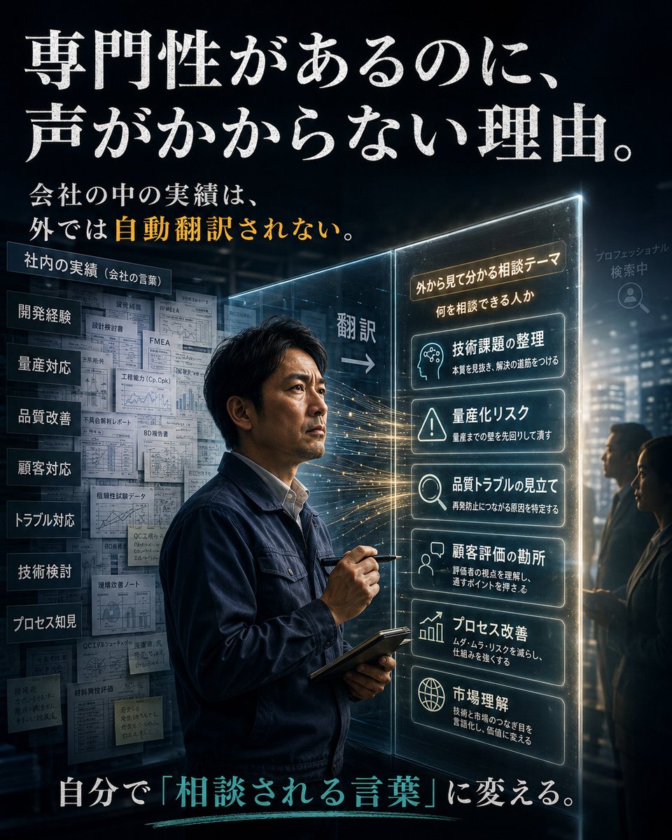 Mack_0915's tweet photo. 「専門性があるのに声がかからない」

これは能力不足ではなく、外から見て何を相談できる��か分からないだけかもしれない。

会社の中の実績は、外では自動翻訳されない。

自分で翻訳する必要がある。

#技術職のキャリア https://t.co/zlobM4uPp7